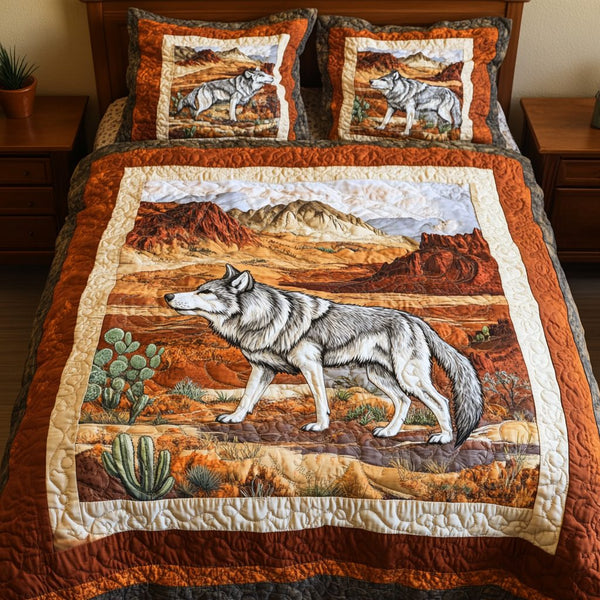 Wild Howl quilted 3-piece bedding set on a made bed with two matching pillow shams