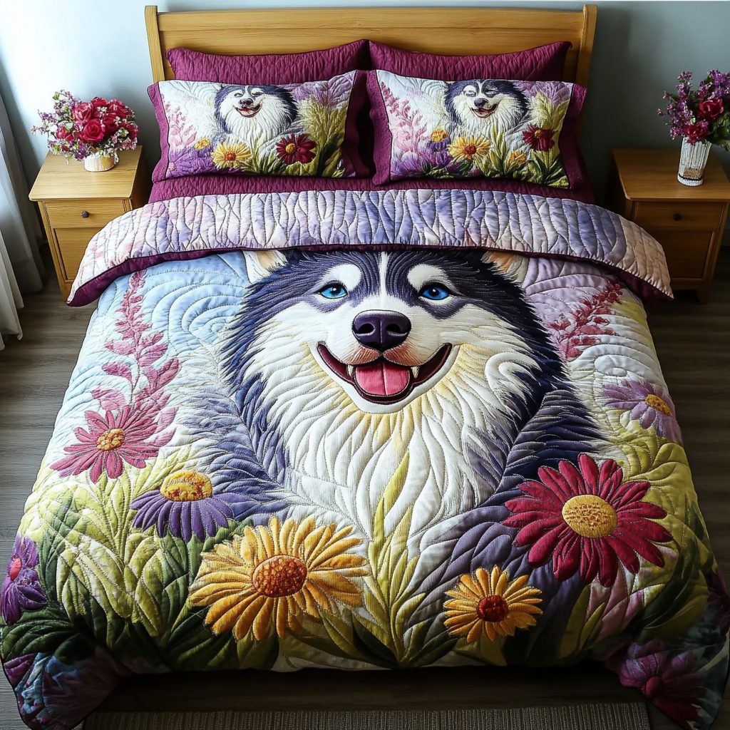 Wild Husky quilted 3-piece bedding set on a made bed with two matching pillow shams