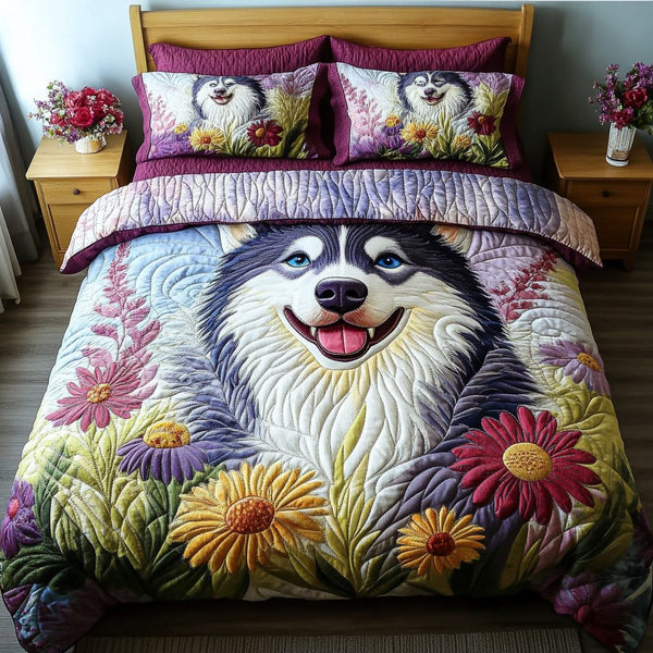 Wild Husky quilted 3-piece bedding set on a made bed with two matching pillow shams
