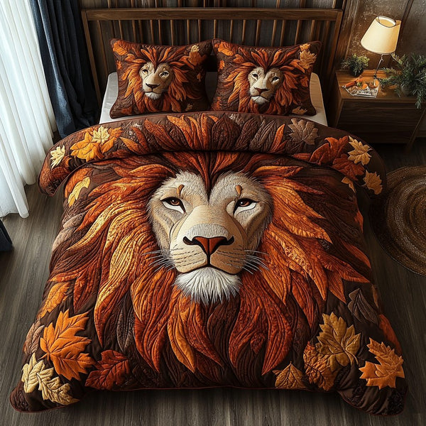 Wild Lion quilted 3-piece bedding set on a made bed with two matching pillow shams