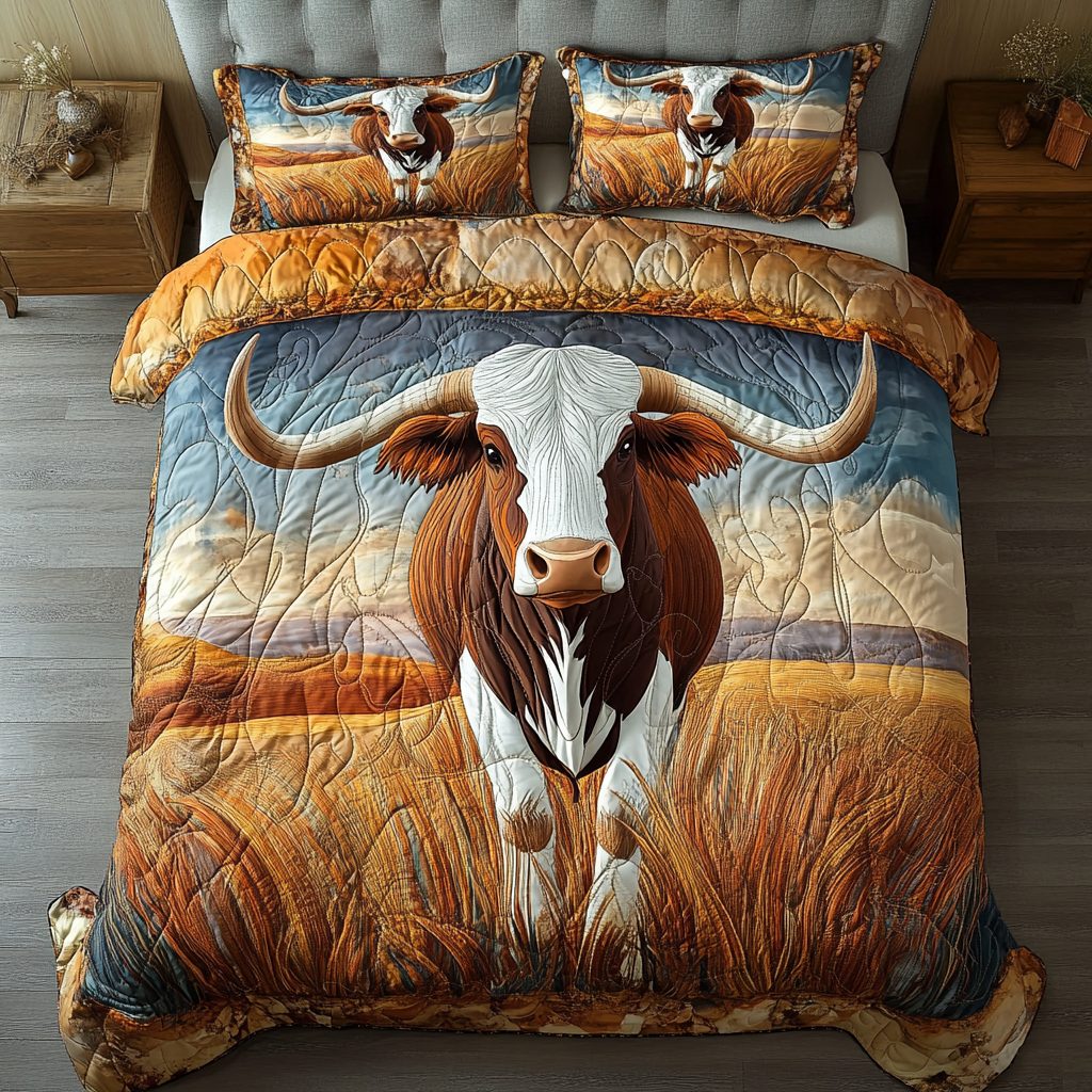 Wild Longhorn Cow quilted 3-piece bedding set on a made bed in a rustic timber bedroom