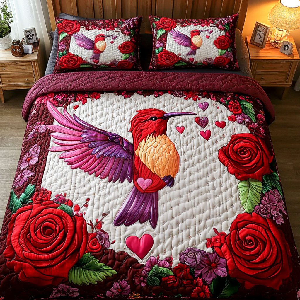 Wild Love quilted 3-piece bedding set on a made bed with two matching pillow shams
