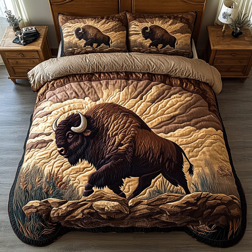 Wild Majesty quilted 3-piece bedding set on a made bed with two matching pillow shams