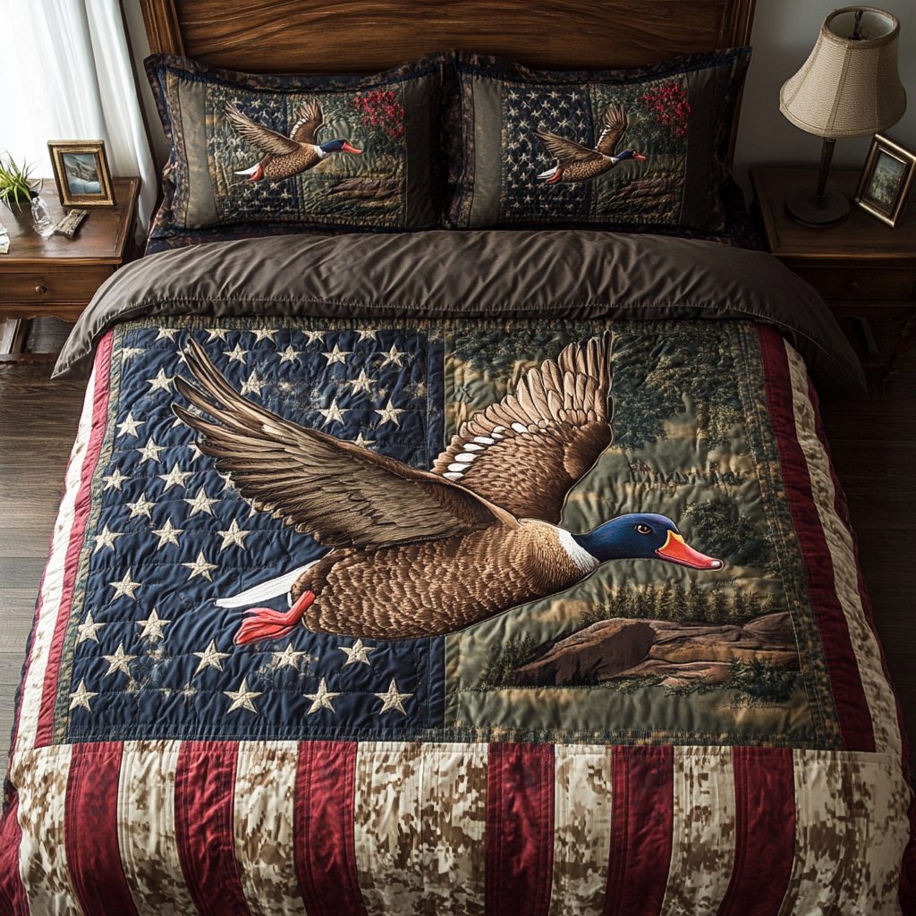 Wild Mallard Ducks quilted 3-piece bedding set on a made bed with two matching pillow shams