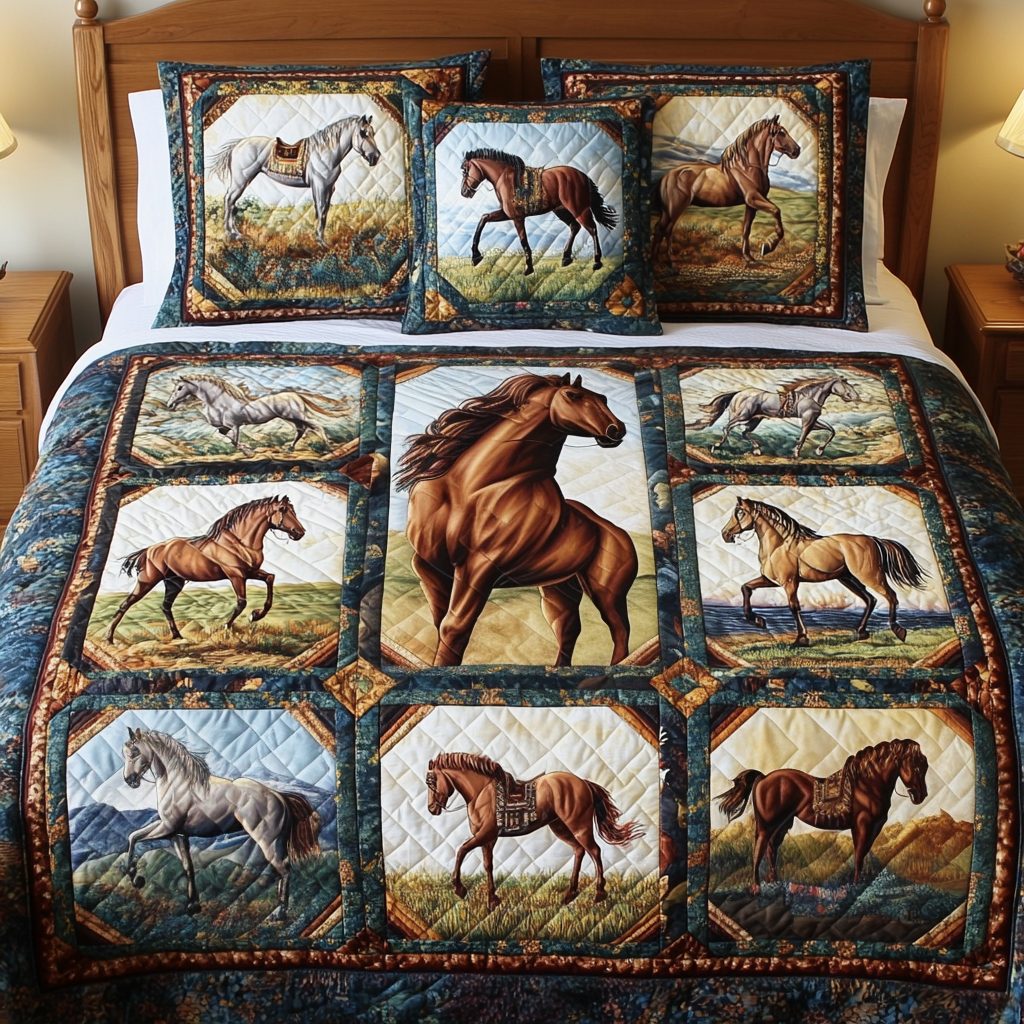 Wild Mane quilted 3-piece bedding set on a made bed with two matching pillow shams