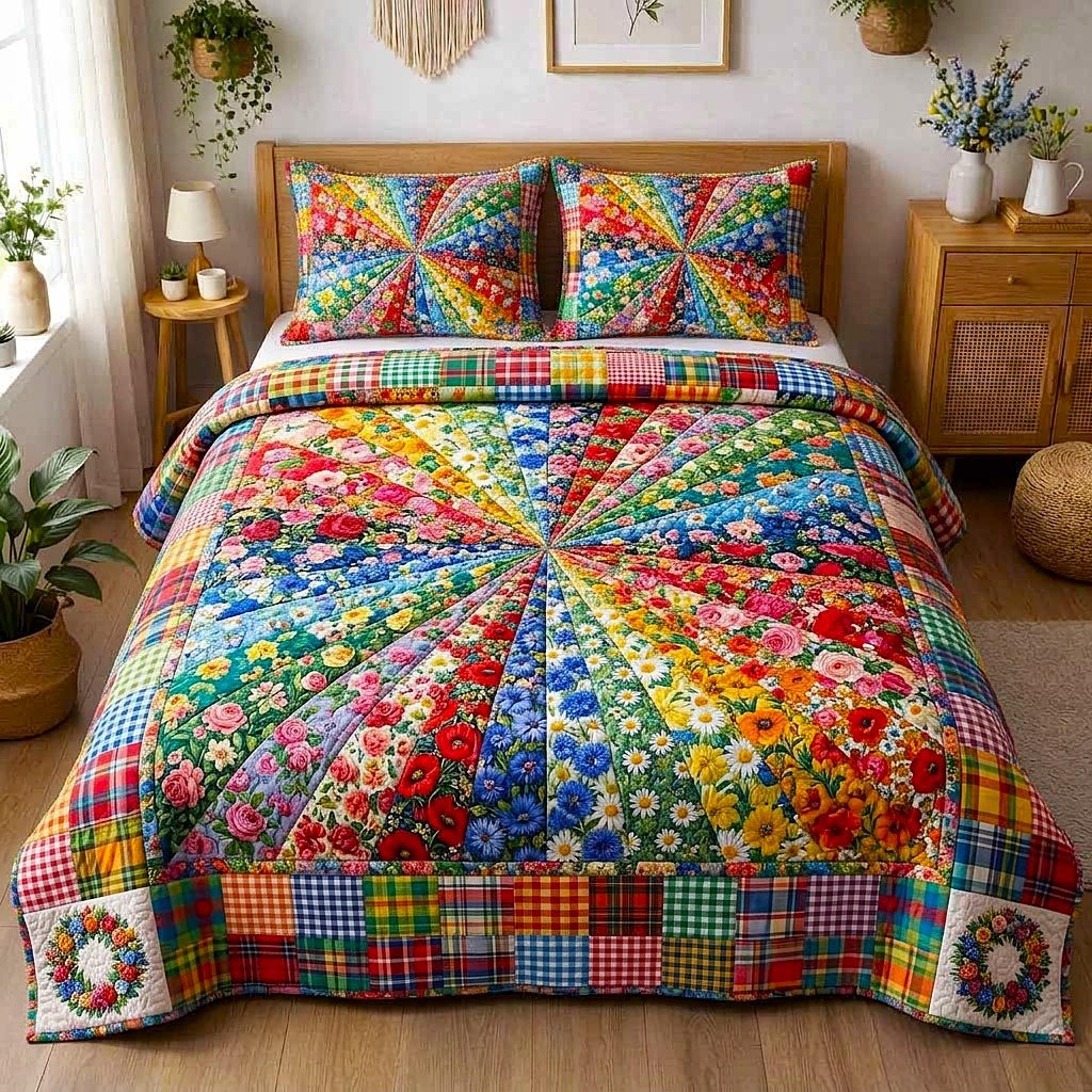 Wild Meadow quilted 3-piece bedding set on a made bed with two matching pillow shams