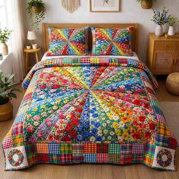 Wild Meadow quilted 3-piece bedding set on a made bed with two matching pillow shams