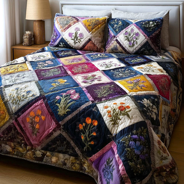 Wild Meadow quilted 3-piece bedding set on a made bed with two matching pillow shams
