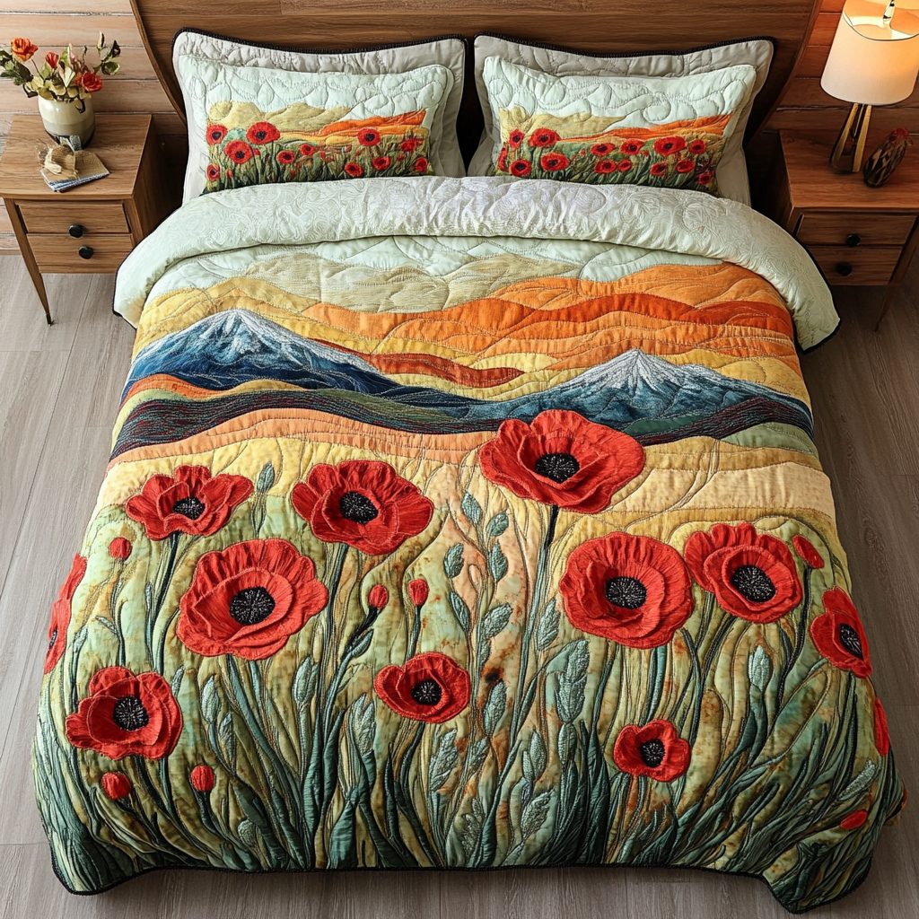 Wild Meadow quilted 3-piece bedding set on a made bed with two matching pillow shams