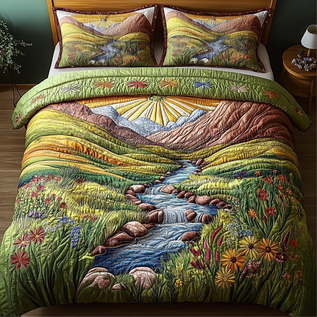 Wild Meadows quilted 3-piece bedding set on a made bed with two matching pillow shams