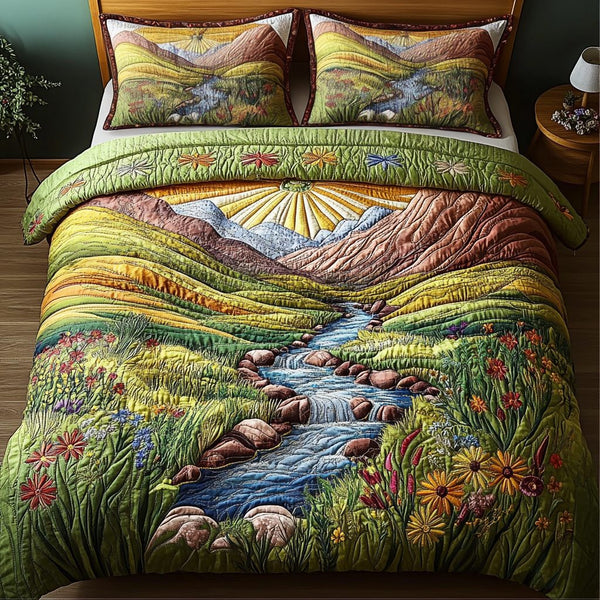 Wild Meadows quilted 3-piece bedding set on a made bed with two matching pillow shams