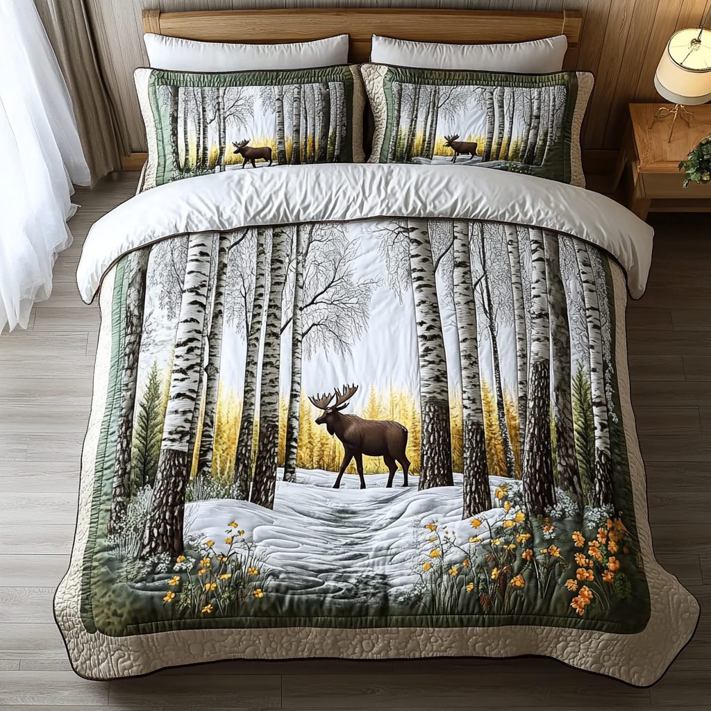 Wild Moose quilted 3-piece bedding set on a made bed with two matching pillow shams