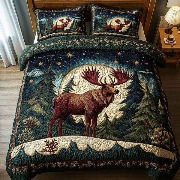 Wild Moose quilted 3-piece bedding set on a made bed with two matching pillow shams