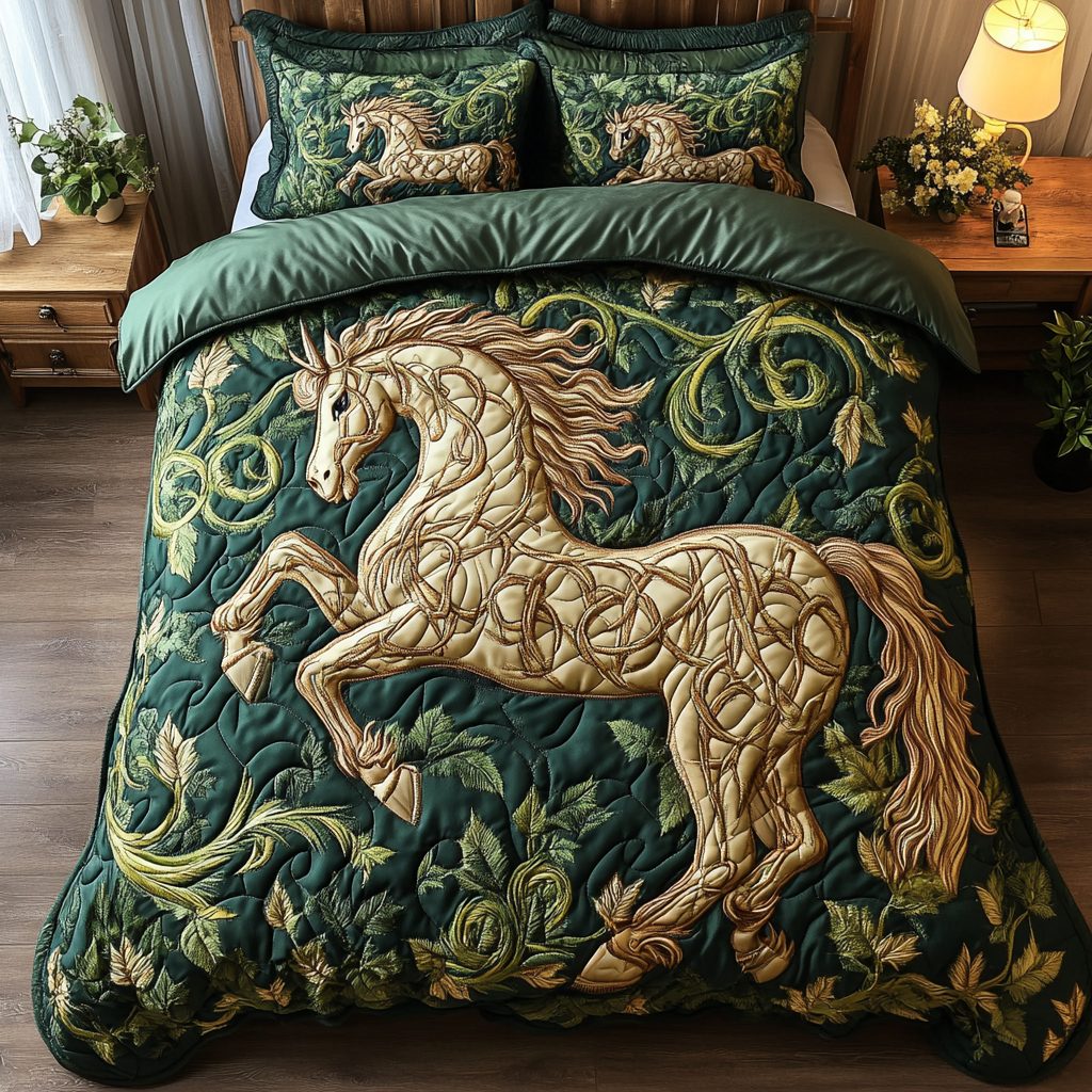 Wild Mustang quilted 3-piece bedding set on a made bed with two matching pillow shams