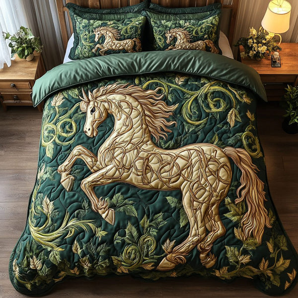 Wild Mustang quilted 3-piece bedding set on a made bed with two matching pillow shams