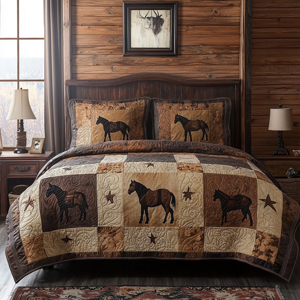 Wild Mustang quilted 3-piece bedding set on a made bed with two matching pillow shams