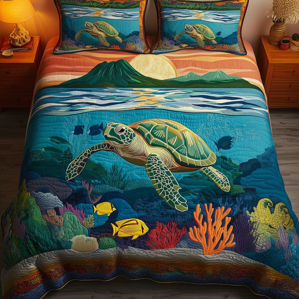 Wild Oceans quilted 3-piece bedding set on a made bed in a light coastal bedroom