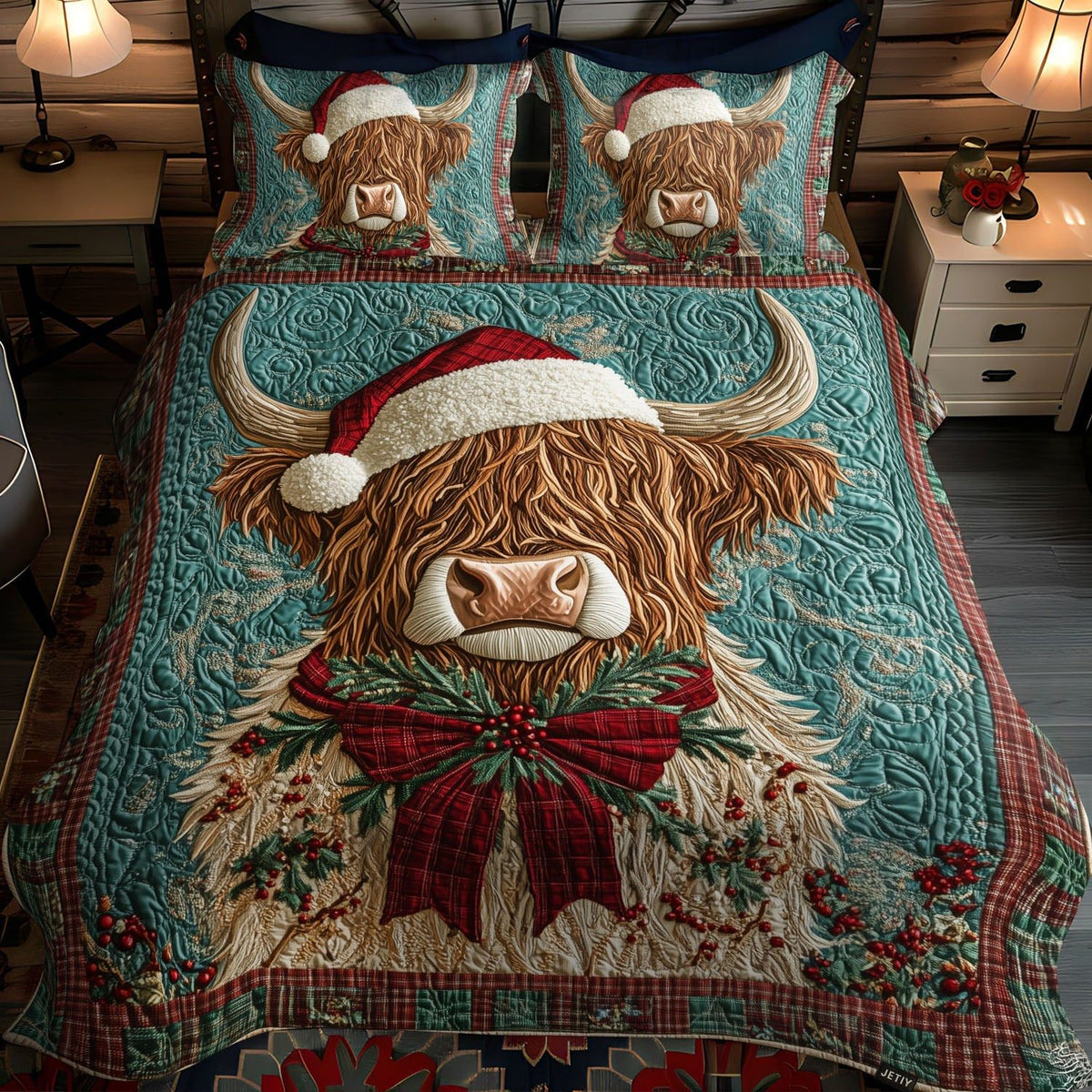 Wild Pastures quilted 3-piece bedding set on a made bed with two matching pillow shams