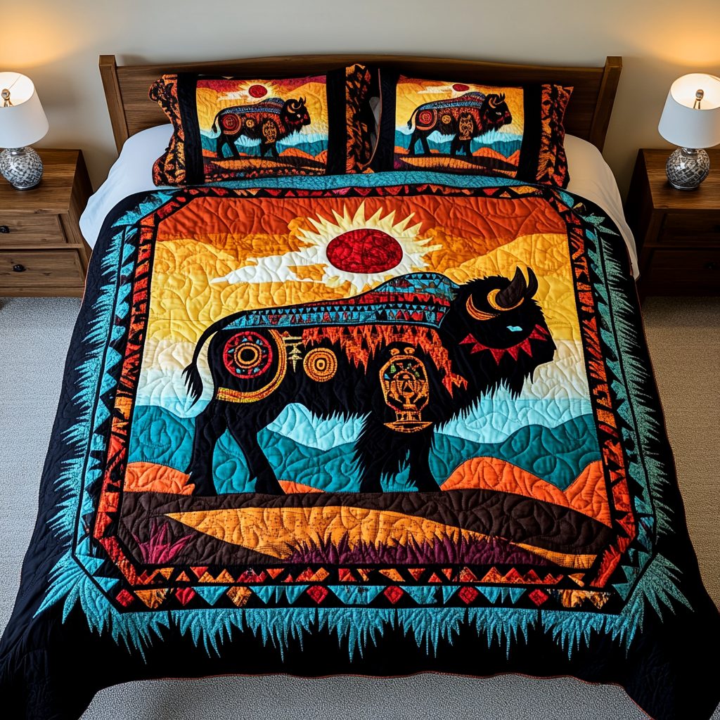 Wild Pastures quilted 3-piece bedding set on a made bed with two matching pillow shams