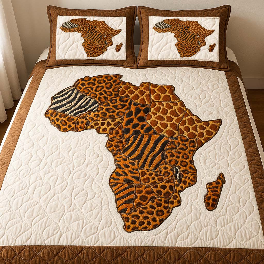 Wild Pattern Africa quilted 3-piece bedding set on a made bed with two matching pillow shams