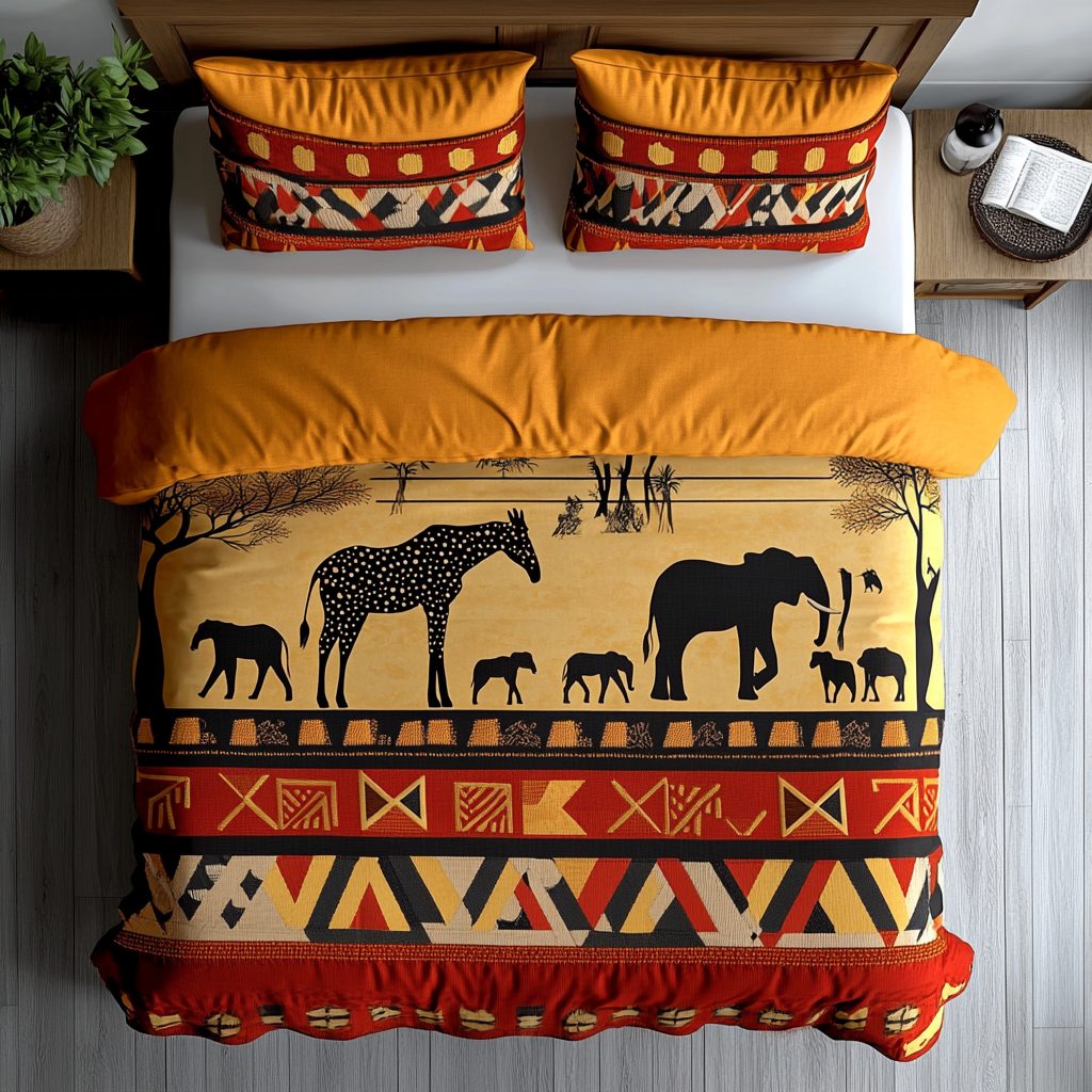Wild Pattern quilted 3-piece bedding set on a made bed with two matching pillow shams