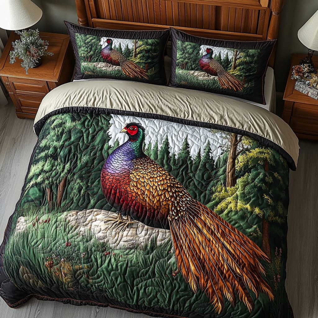 Wild Plumage quilted 3-piece bedding set on a made bed with two matching pillow shams