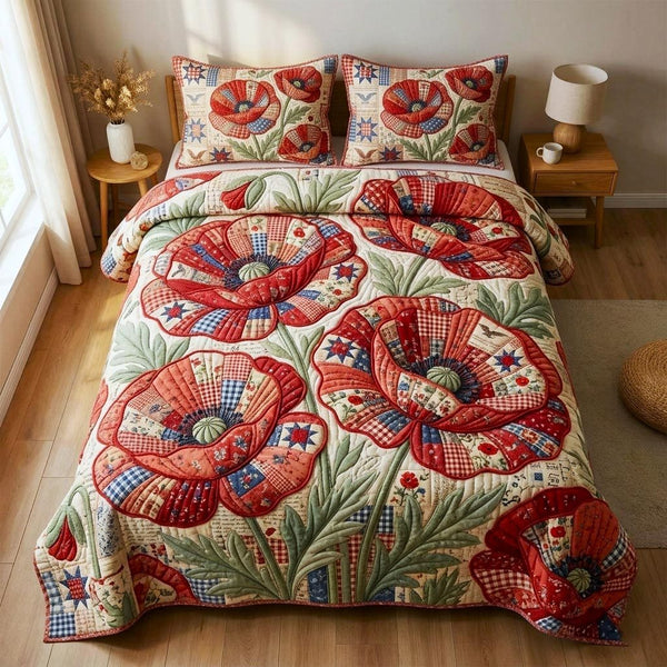 Wild Poppy quilted 3-piece bedding set on a made bed with two matching pillow shams