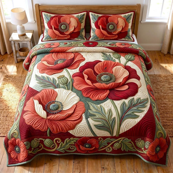 Wild Poppy quilted 3-piece bedding set on a made bed with two matching pillow shams