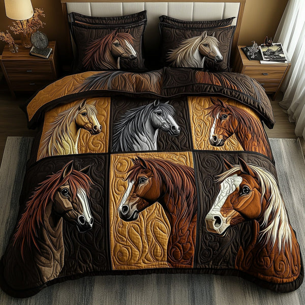 Wild Prairie Horse quilted 3-piece bedding set on a made bed in a rustic timber bedroom