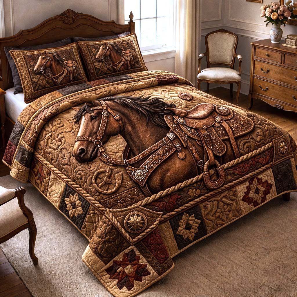 Wild Prairie quilted 3-piece bedding set on a made bed in a rustic timber bedroom