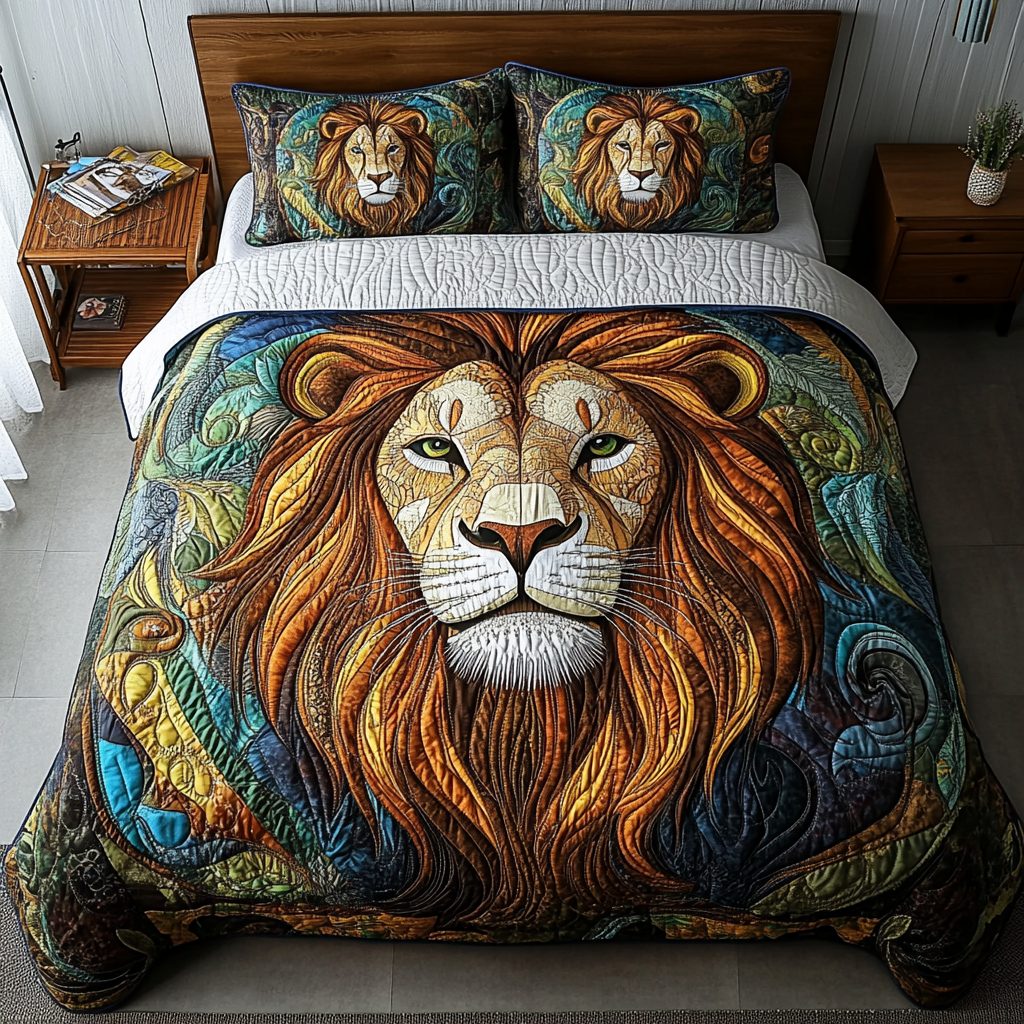 Wild Pride quilted 3-piece bedding set on a made bed with two matching pillow shams