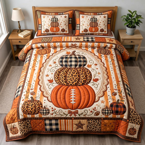 Wild Pumpkin quilted 3-piece bedding set on a made bed against a dark styled interior