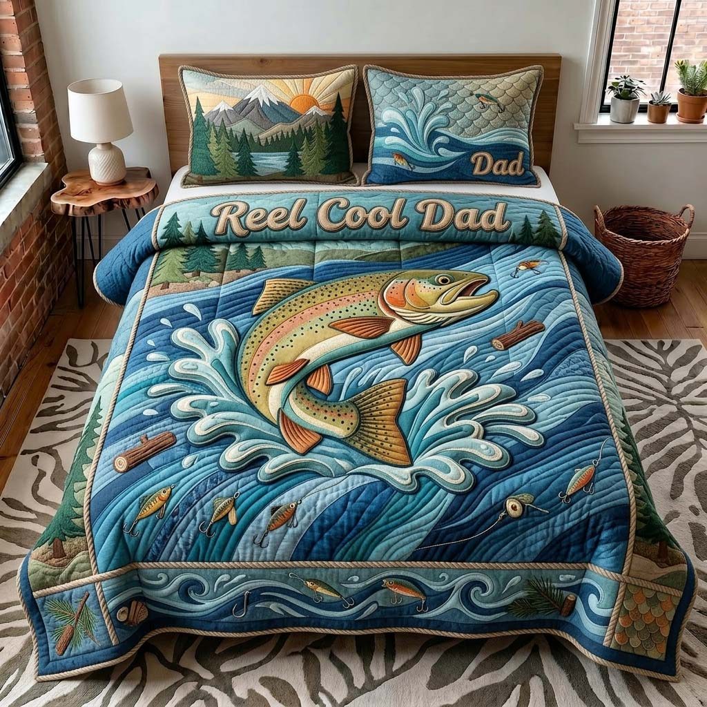 Wild River Dad quilted 3-piece bedding set on a made bed with two matching pillow shams
