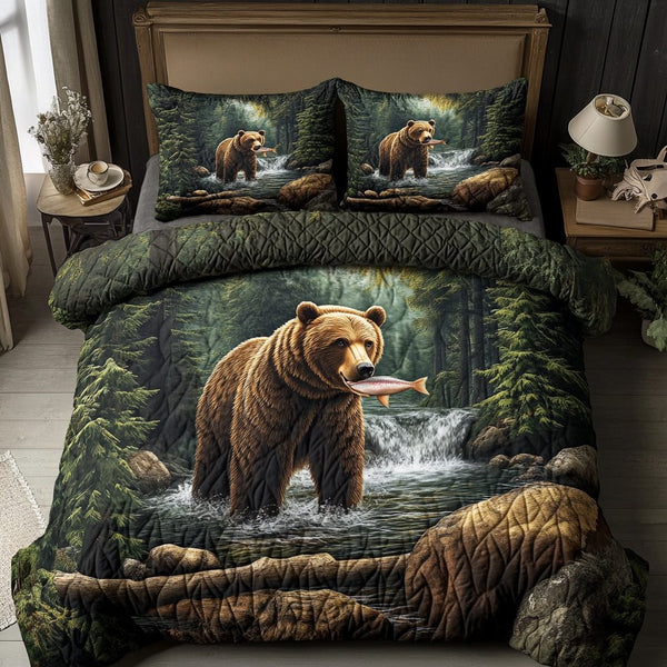 Wild Roam quilted 3-piece bedding set on a made bed with two matching pillow shams