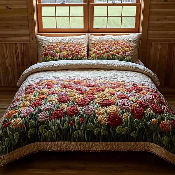 Wild Rose Landscape quilted 3-piece bedding set on a made bed with two matching pillow shams