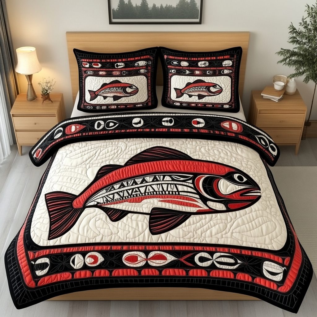 Wild Salmon quilted 3-piece bedding set on a made bed with two matching pillow shams