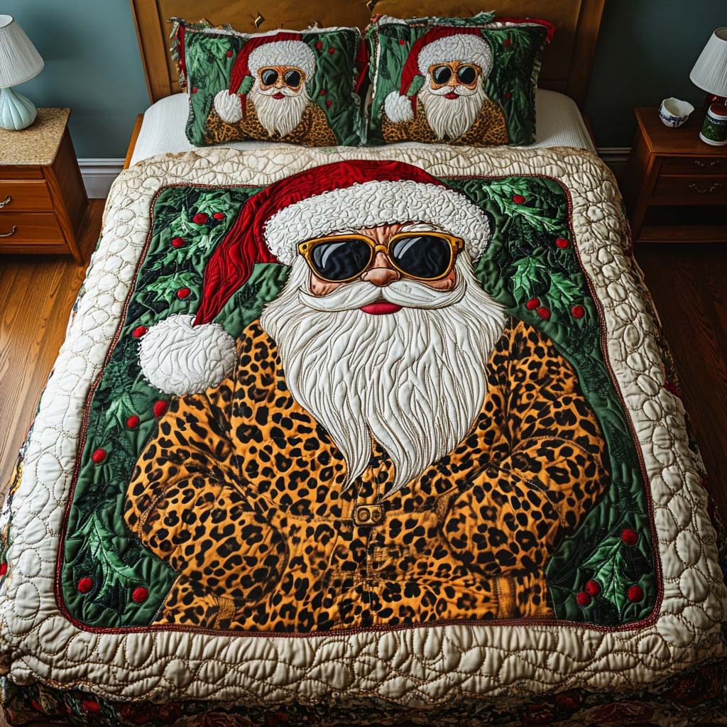 Wild Santa quilted 3-piece bedding set on a made bed in a winter-styled bedroom