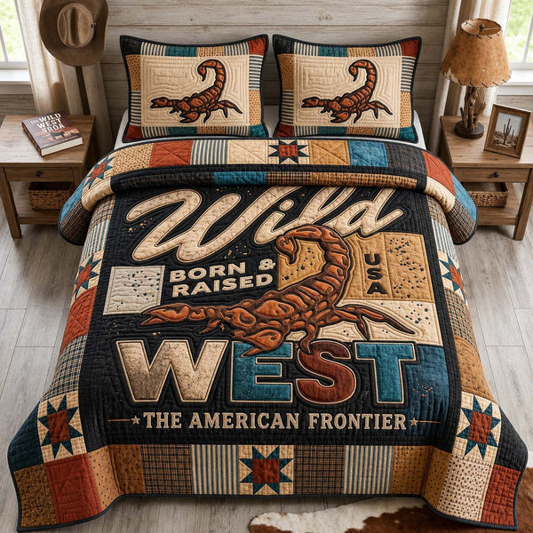 Wild Scorpion West quilted 3-piece bedding set on a made bed with two matching pillow shams