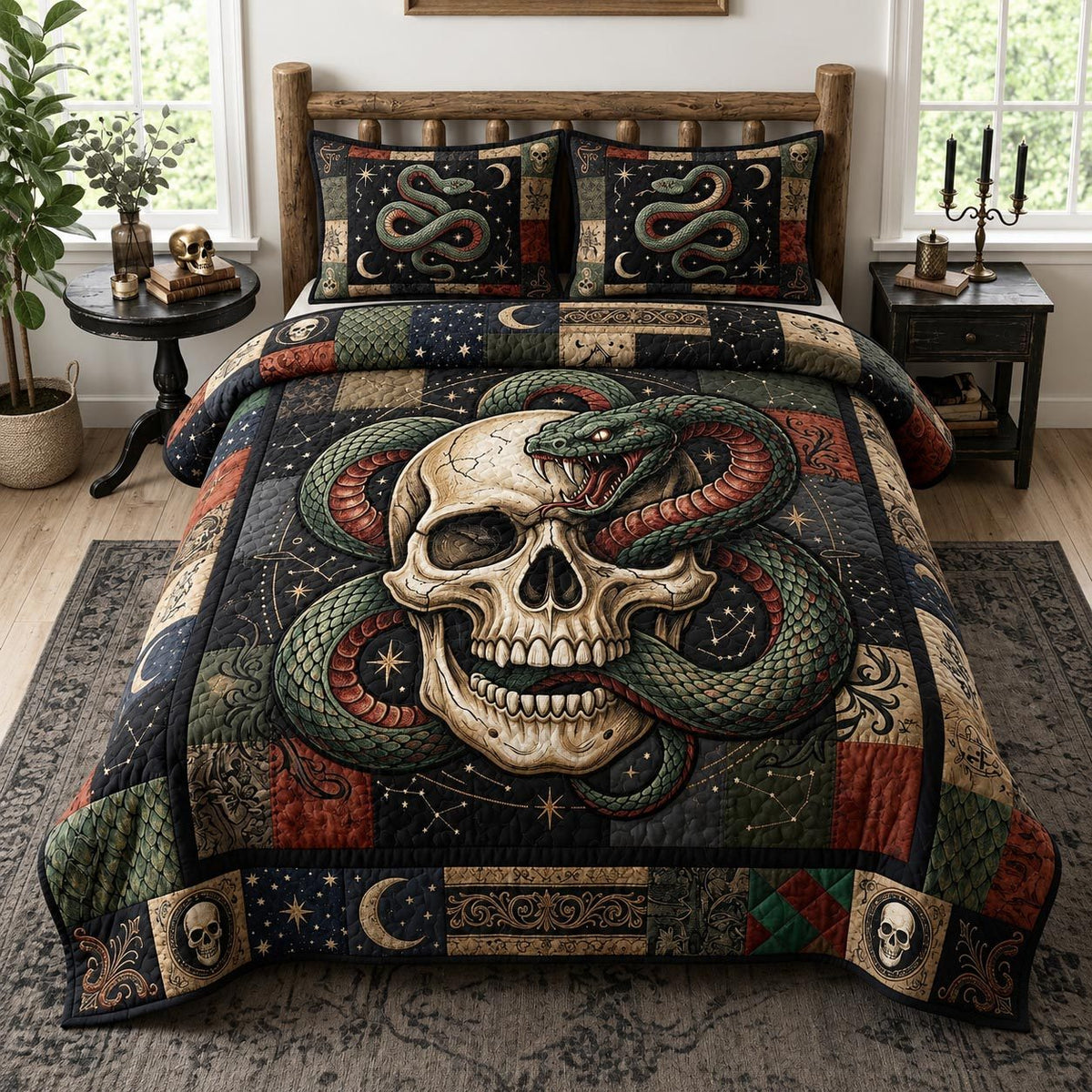 Wild Skull quilted 3-piece bedding set on a made bed against a dark styled interior