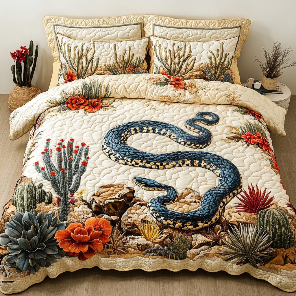 Wild Snake quilted 3-piece bedding set on a made bed with two matching pillow shams