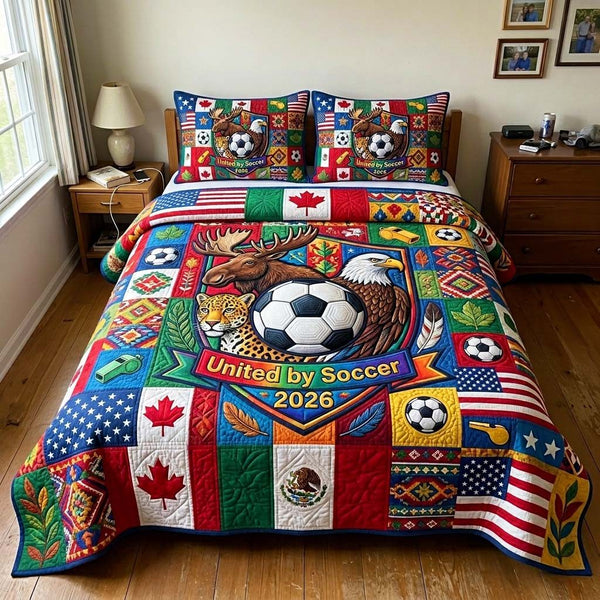 Wild Soccer quilted 3-piece bedding set on a made bed with two matching pillow shams