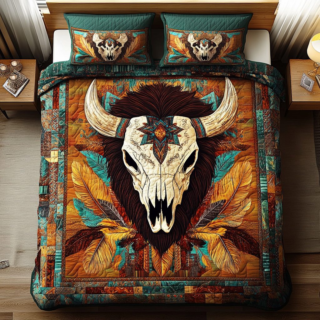 Wild Soul quilted 3-piece bedding set on a made bed with two matching pillow shams
