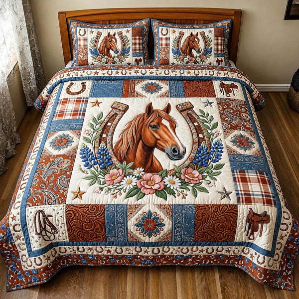 Wild Spirit quilted 3-piece bedding set on a made bed with two matching pillow shams