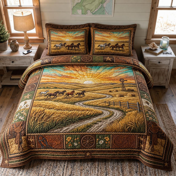 Wild Spirit quilted 3-piece bedding set on a made bed with two matching pillow shams