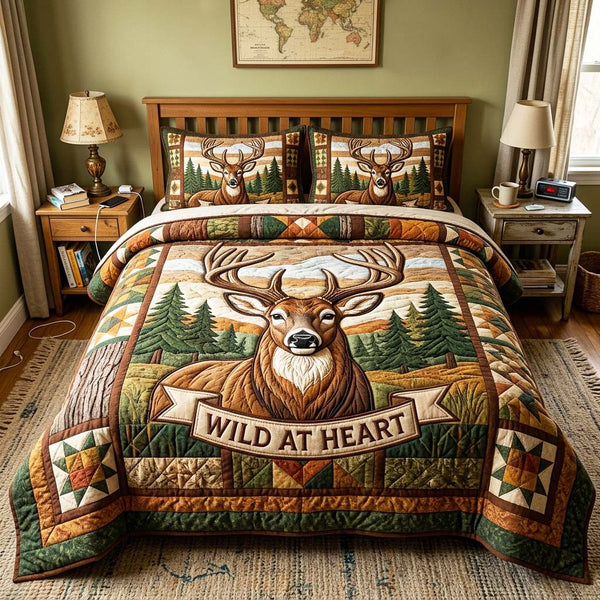 Wild Spirit quilted 3-piece bedding set on a made bed with two matching pillow shams