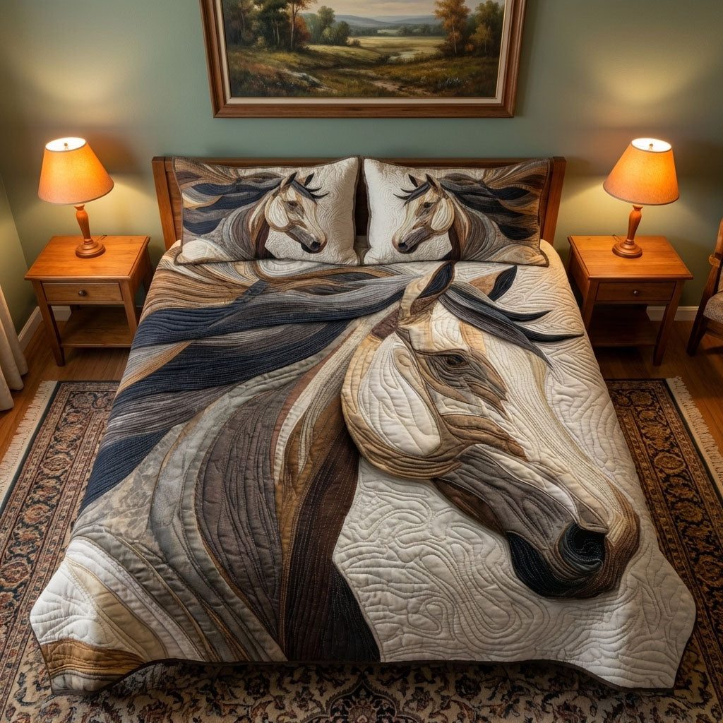 Wild Spirit quilted 3-piece bedding set on a made bed with two matching pillow shams