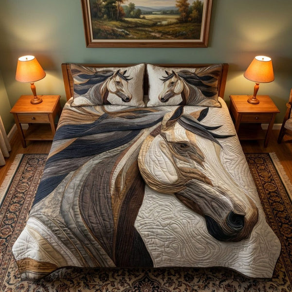 Wild Spirit quilted 3-piece bedding set on a made bed with two matching pillow shams