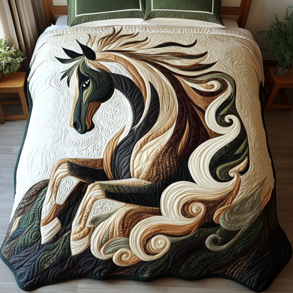 Wild Spirit quilted 3-piece bedding set on a made bed with two matching pillow shams