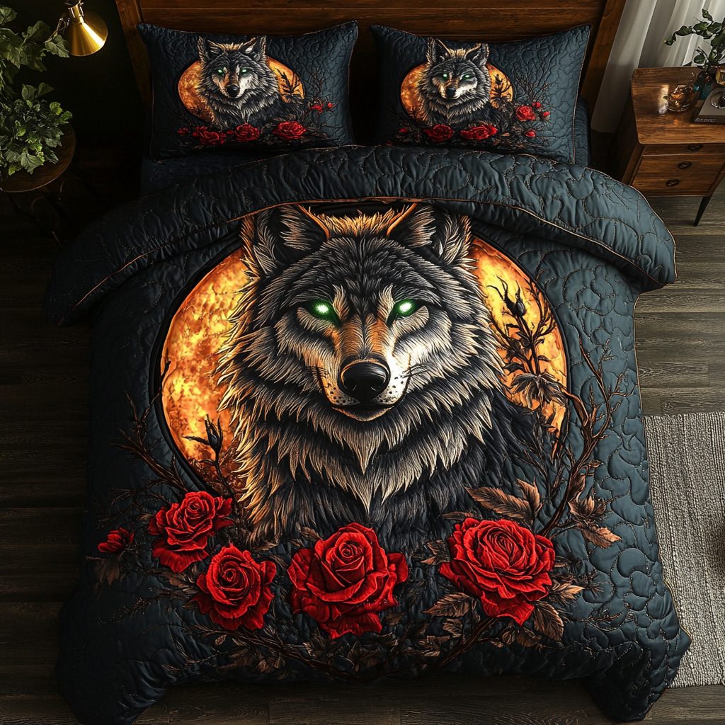 Wild Spirit quilted 3-piece bedding set on a made bed with two matching pillow shams