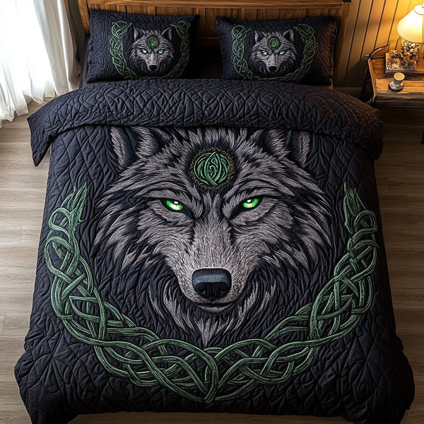 Wild Spirit quilted 3-piece bedding set on a made bed with two matching pillow shams